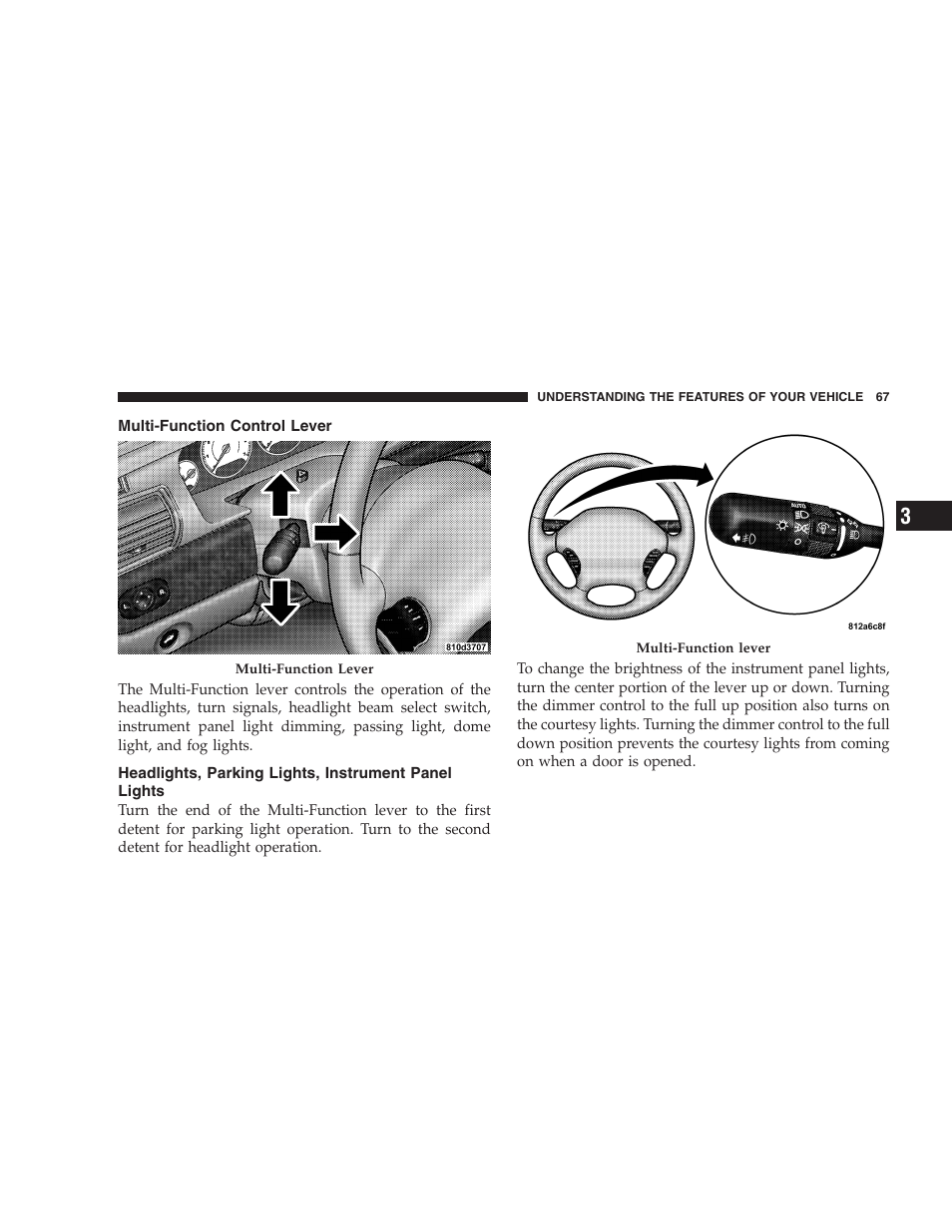 Multi-function control lever, Headlights, parking lights, instrument panel, Lights | Chrysler 2006 Sebring Convertible User Manual | Page 67 / 302