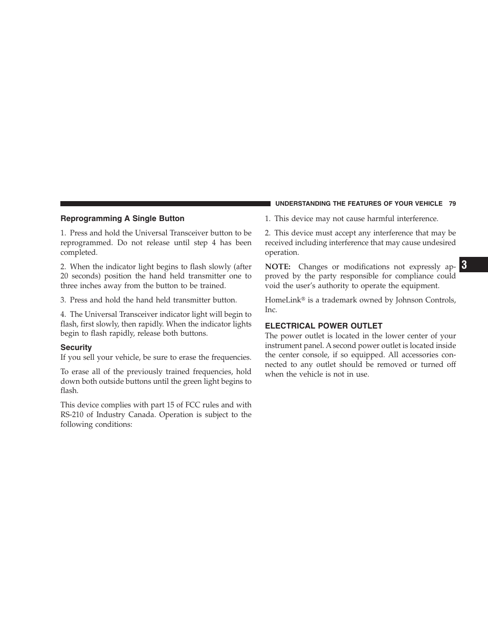 Reprogramming a single button, Security, Electrical power outlet | Chrysler 2006 Sebring Convertible User Manual | Page 79 / 302