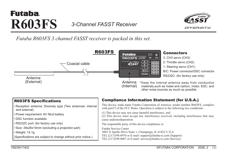 Futaba R603FS User Manual | 1 page