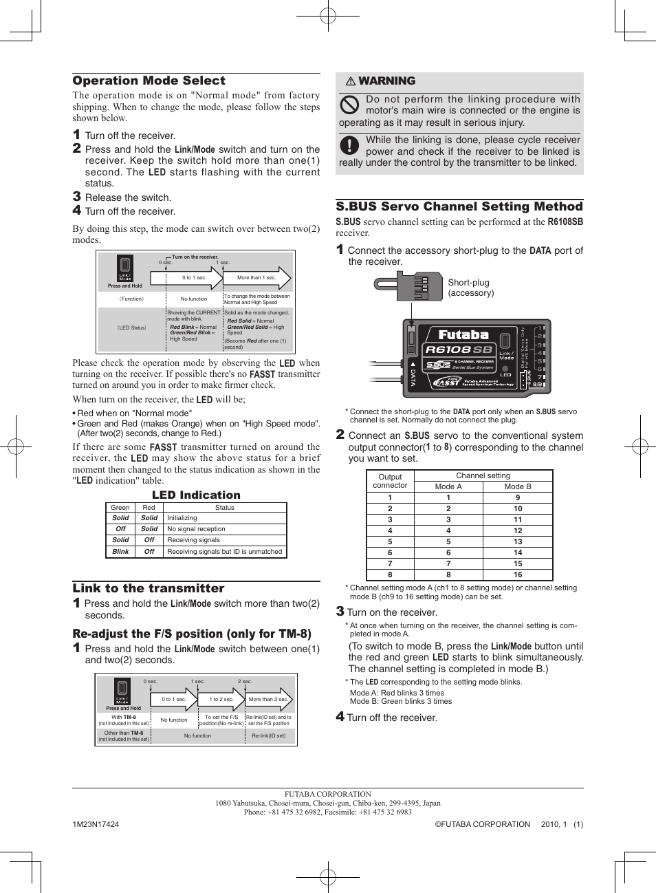 S.bus servo channel setting method, Operation mode select, Link to the transmitter | Re-adjust the f/s position (only for tm-8), Led indication, Warning | Futaba R6108SB User Manual | Page 2 / 2