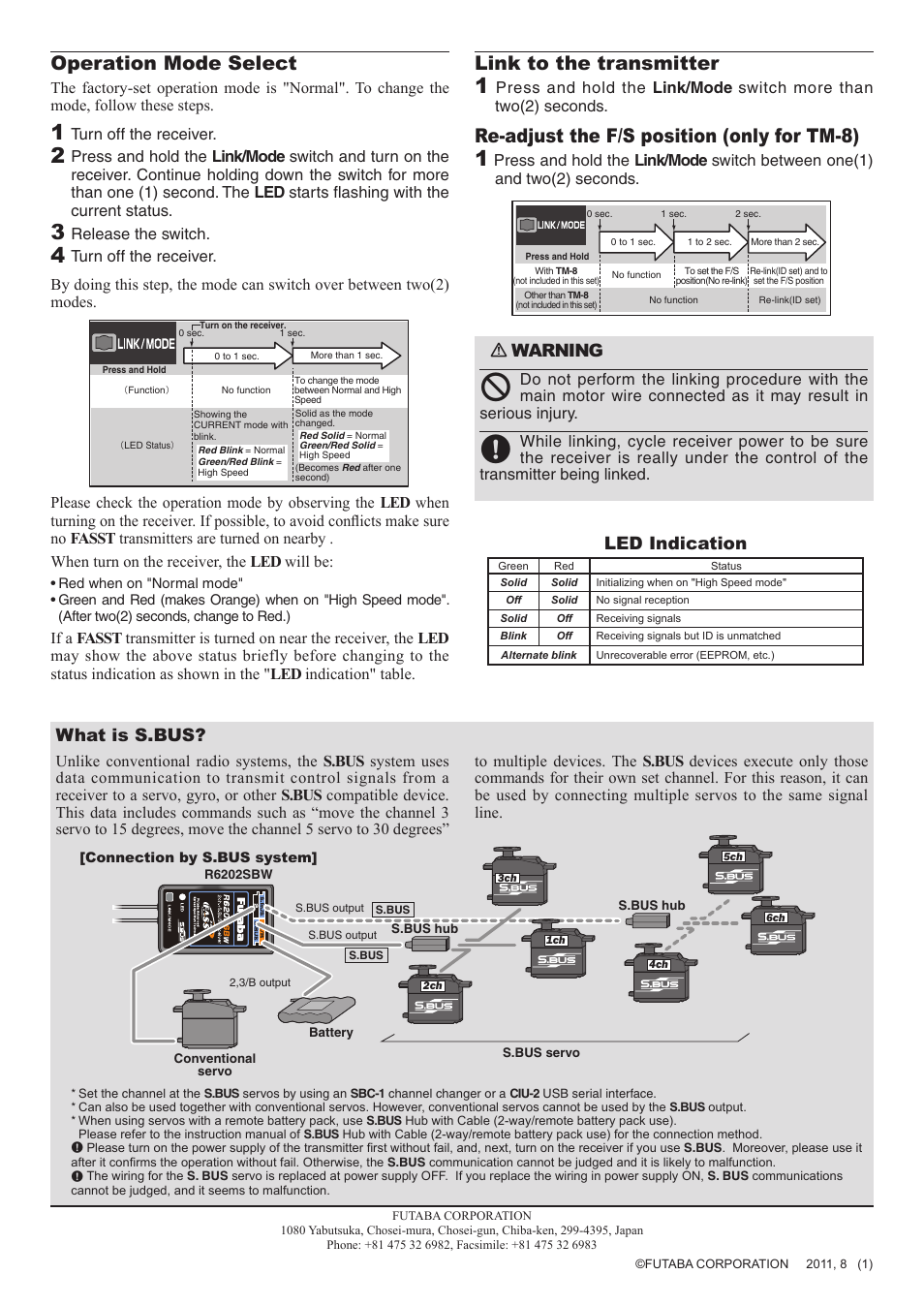 Operation mode select, Link to the transmitter, Re-adjust the f/s position (only for tm-8) | What is s.bus, Warning, Led indication | Futaba R6202SBW User Manual | Page 2 / 2