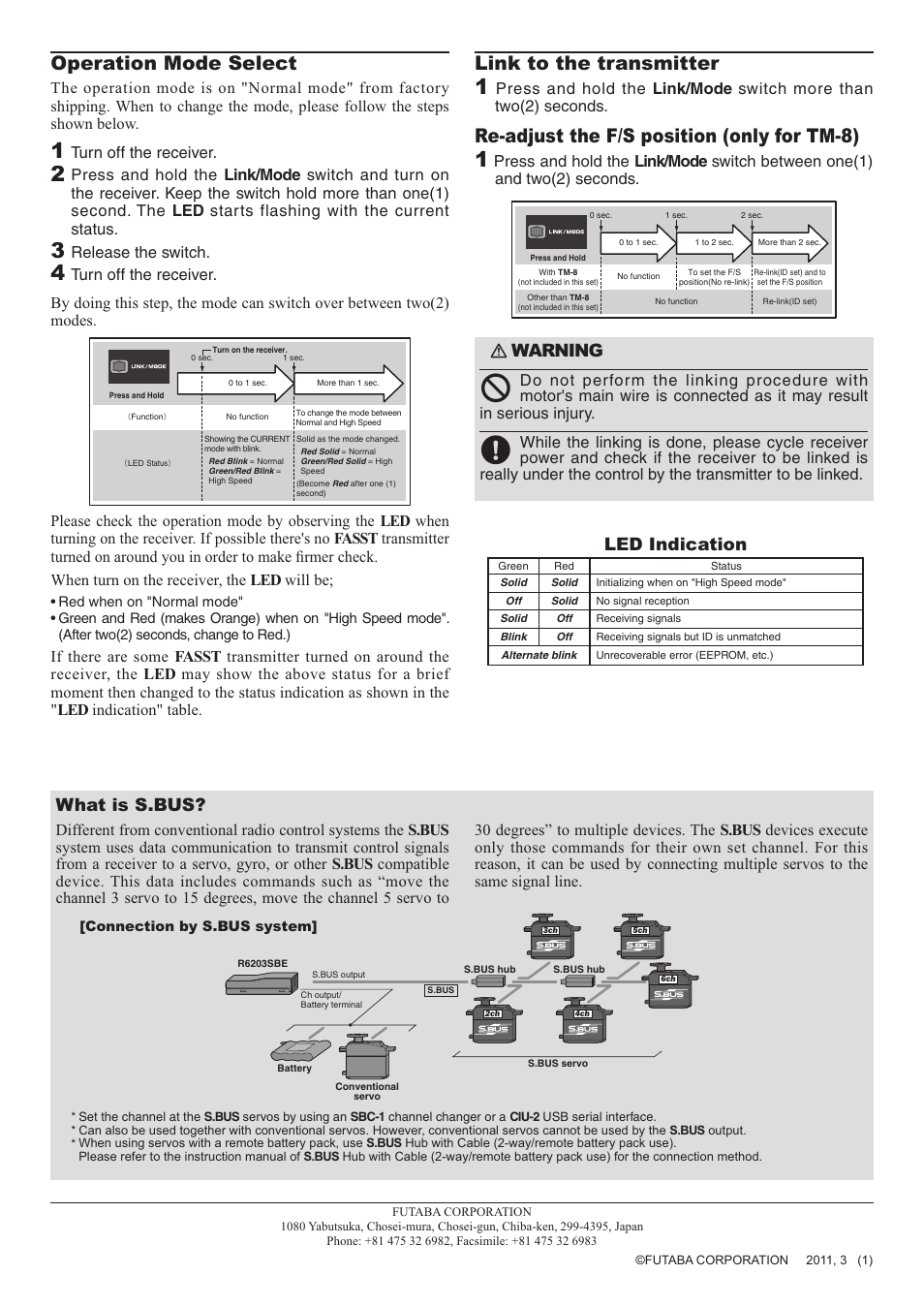 Operation mode select, Link to the transmitter, Re-adjust the f/s position (only for tm-8) | What is s.bus, Warning, Led indication | Futaba R6203SBE User Manual | Page 2 / 2