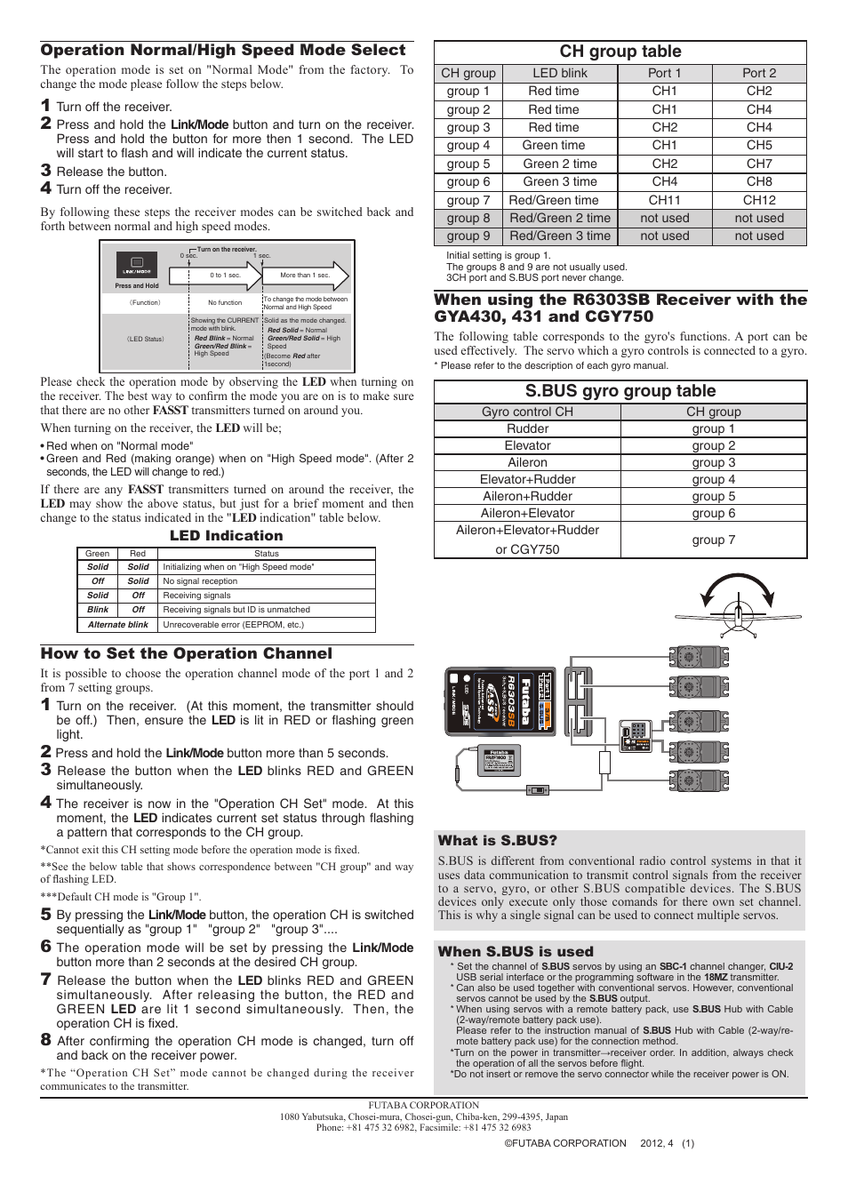 Ch group table, S.bus gyro group table, Operation normal/high speed mode select | How to set the operation channel | Futaba R6303SB User Manual | Page 2 / 2