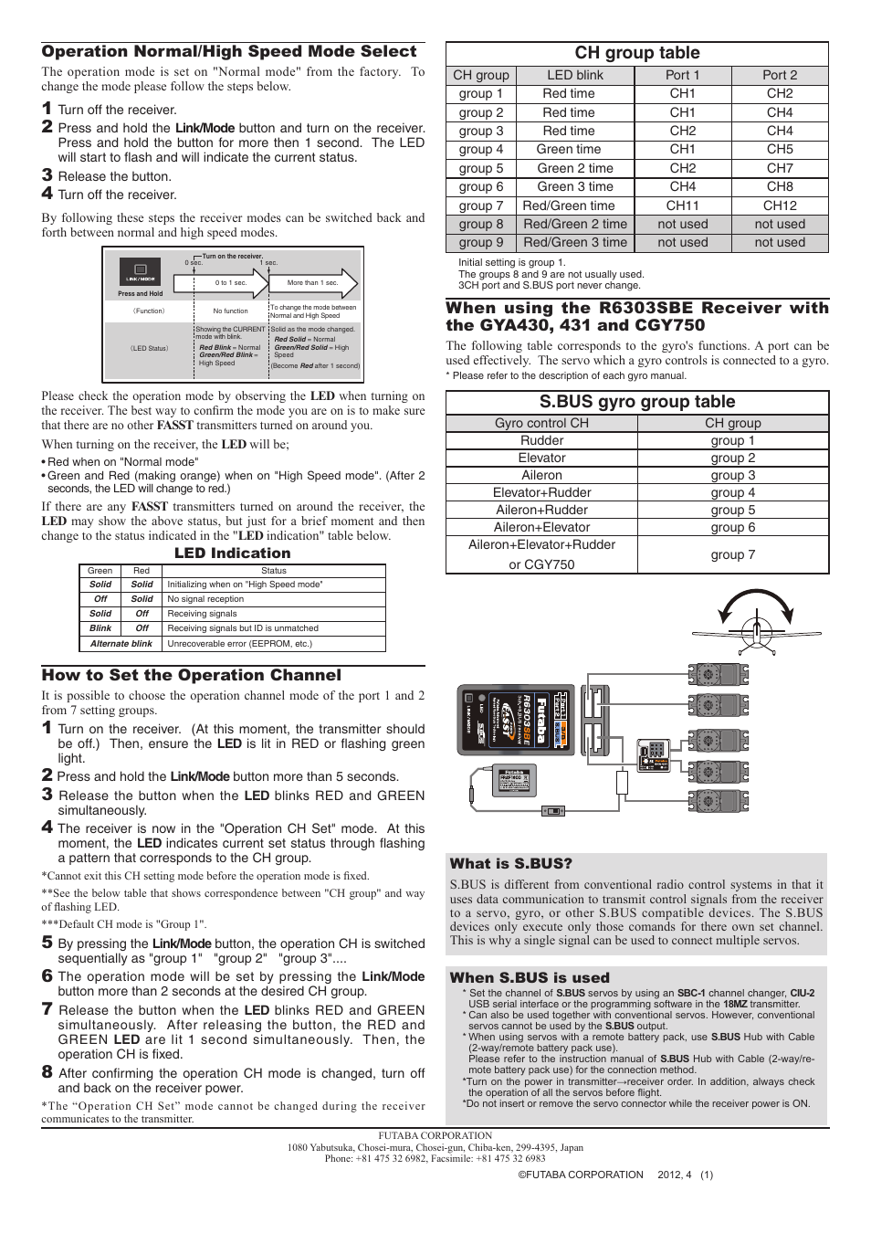 Ch group table, S.bus gyro group table, Operation normal/high speed mode select | How to set the operation channel | Futaba R6303SBE User Manual | Page 2 / 2