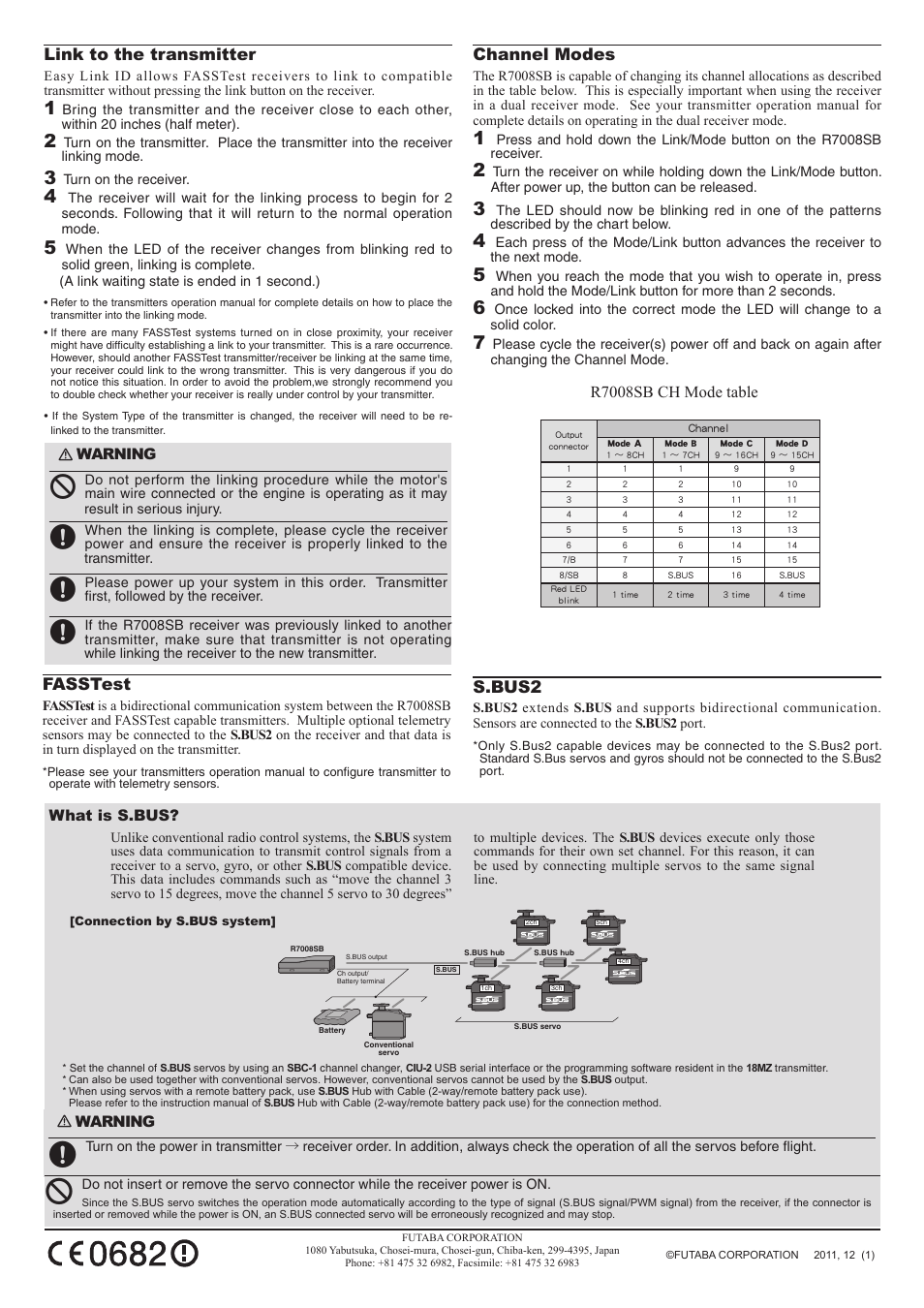 Link to the transmitter, Channel modes, Fasstest | S.bus2 | Futaba R7008SB User Manual | Page 2 / 2