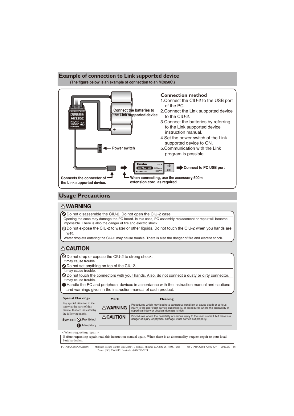 Example of connection to link supported device, Usage precautions, Connection method | Futaba CIU-2 User Manual | Page 2 / 2