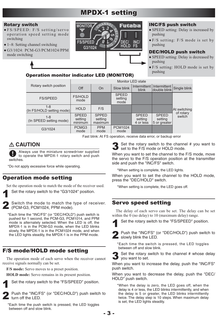 Mpdx-1 setting, Ｎ caution, Operation mode setting | F/s mode/hold mode setting, Servo speed setting | Futaba MPDX-1 User Manual | Page 3 / 4