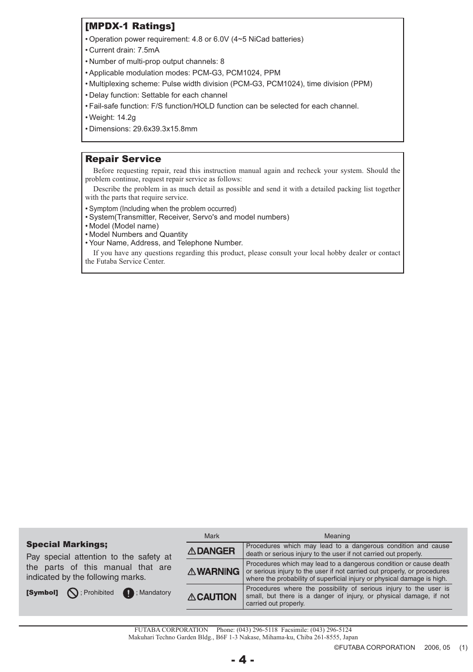 Repair service, Mpdx-1 ratings | Futaba MPDX-1 User Manual | Page 4 / 4