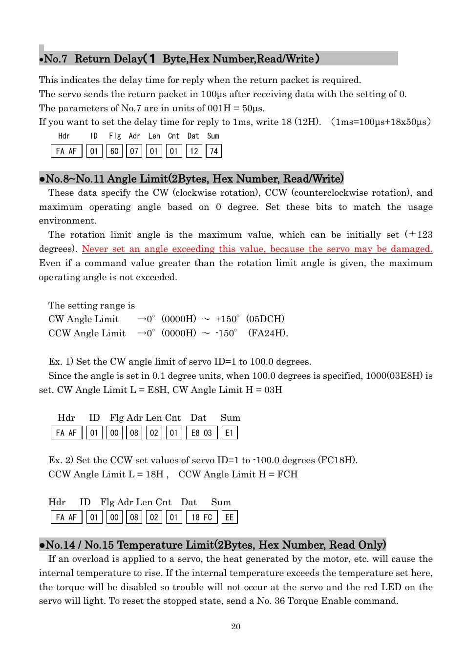 No.7 return delay（１ byte,hex number,read/write | Futaba RS302CD User Manual | Page 20 / 33