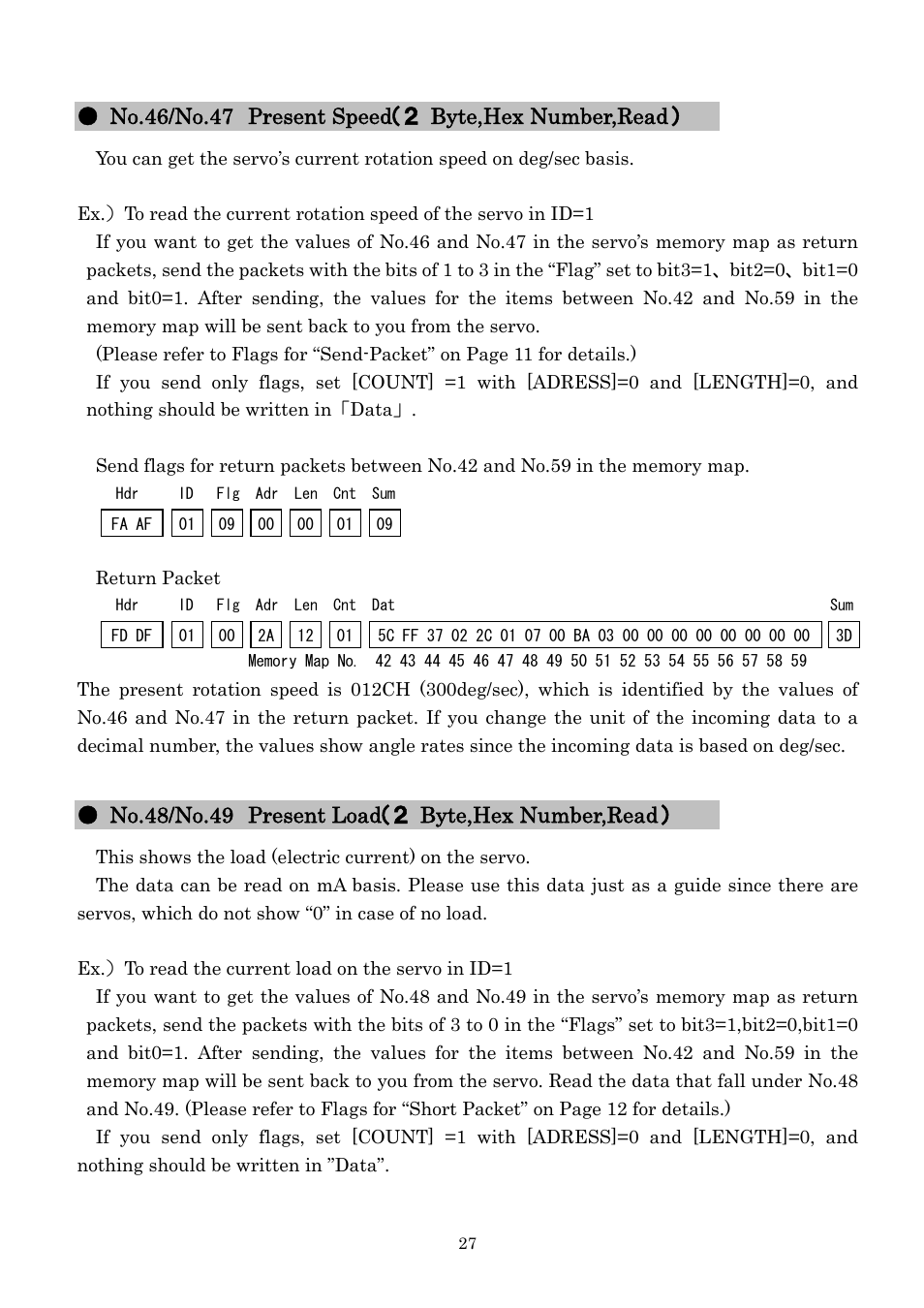 No.46/no.47 present speed（２ byte,hex number,read, No.48/no.49 present load（２ byte,hex number,read | Futaba RS302CD User Manual | Page 27 / 33