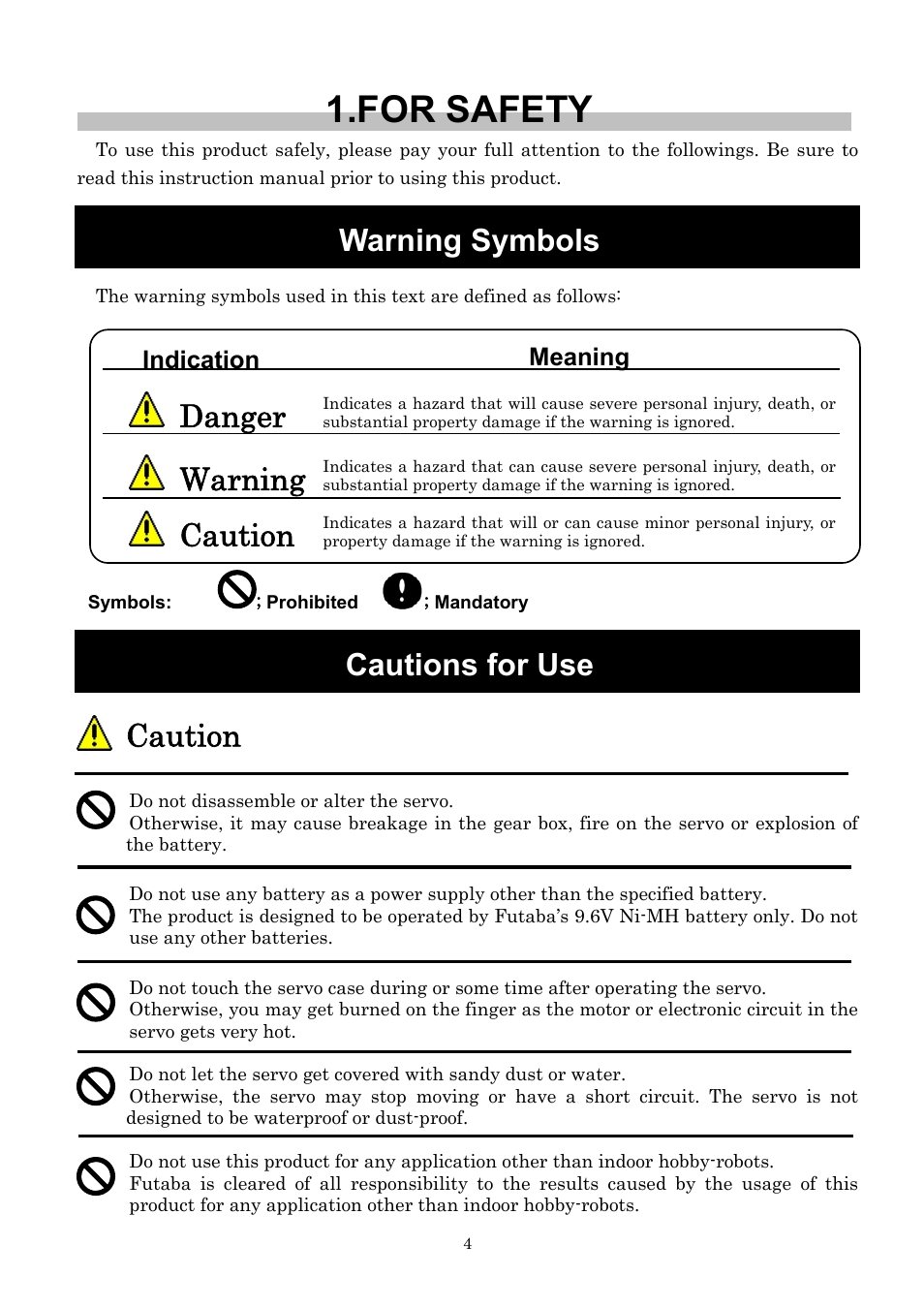 Warning symbols, Cautions for use, For safety | Danger, Warning, Caution, Cautions for use caution, Indication meaning | Futaba RS302CD User Manual | Page 4 / 33