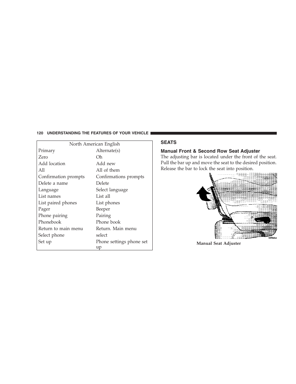 Seats, Manual front & second row seat adjuster | Chrysler 2007 Town and Country User Manual | Page 120 / 504