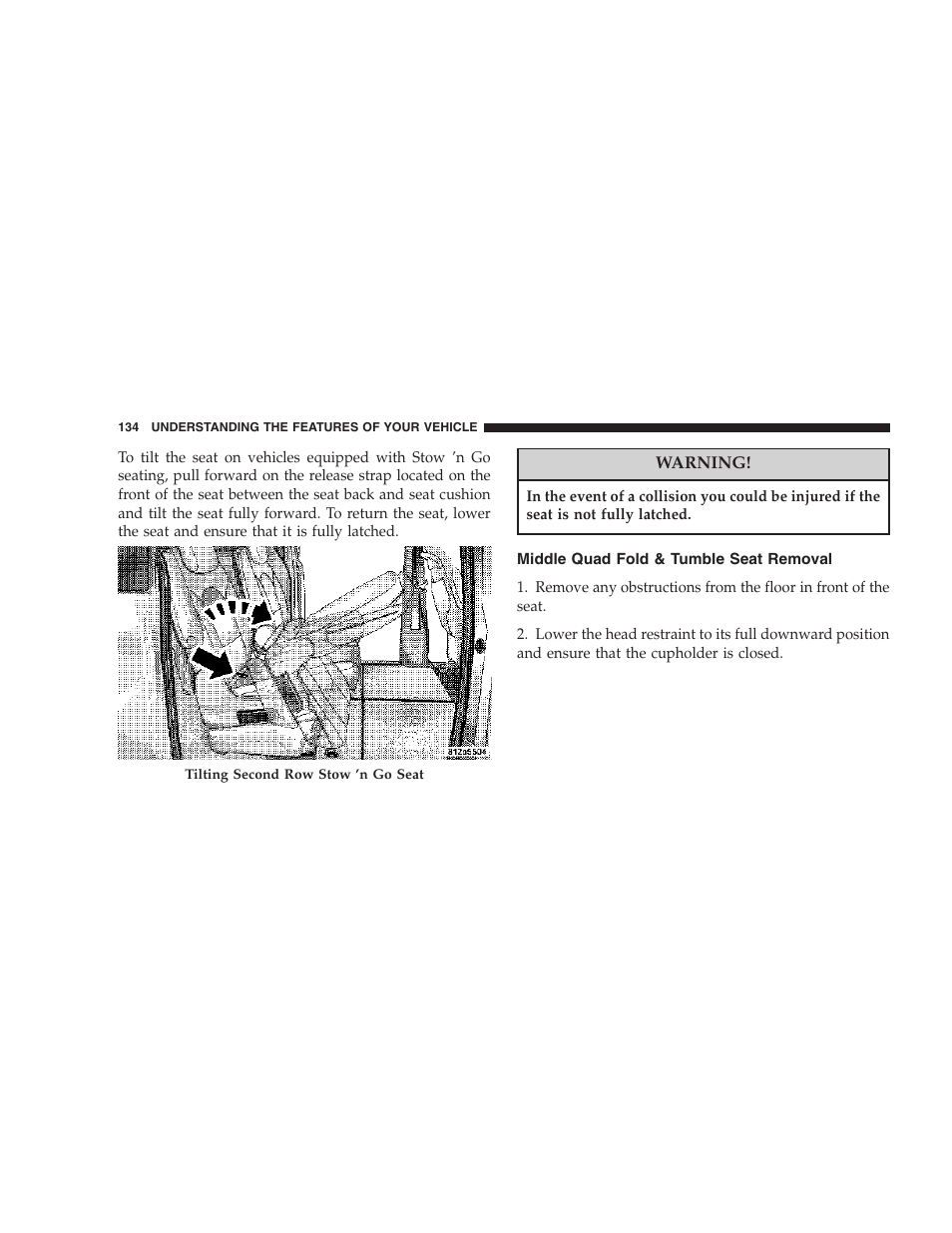 Middle quad fold & tumble seat removal | Chrysler 2007 Town and Country User Manual | Page 134 / 504