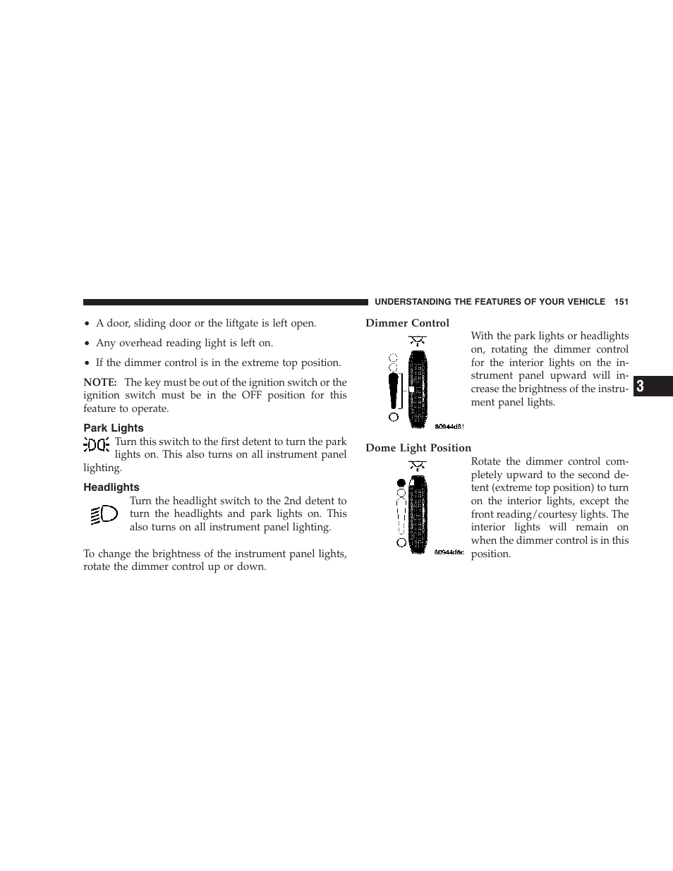 Park lights, Headlights | Chrysler 2007 Town and Country User Manual | Page 151 / 504