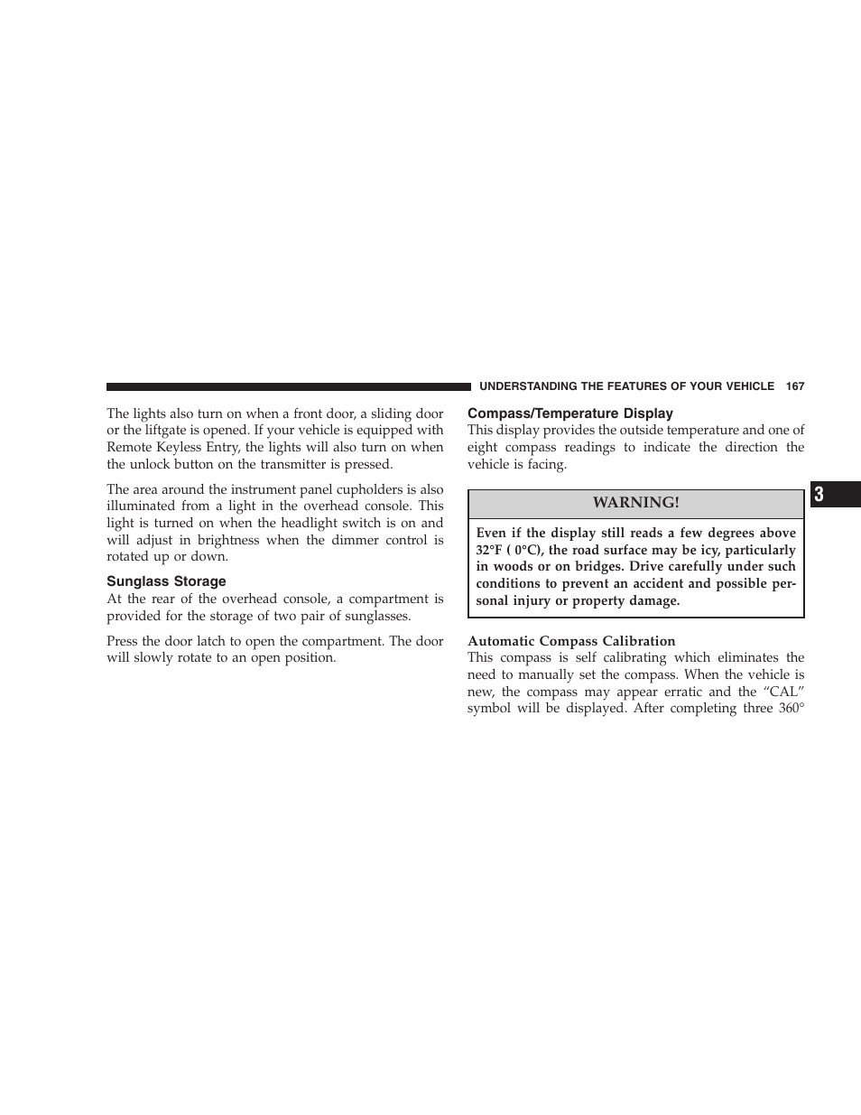 Sunglass storage, Compass/temperature display | Chrysler 2007 Town and Country User Manual | Page 167 / 504