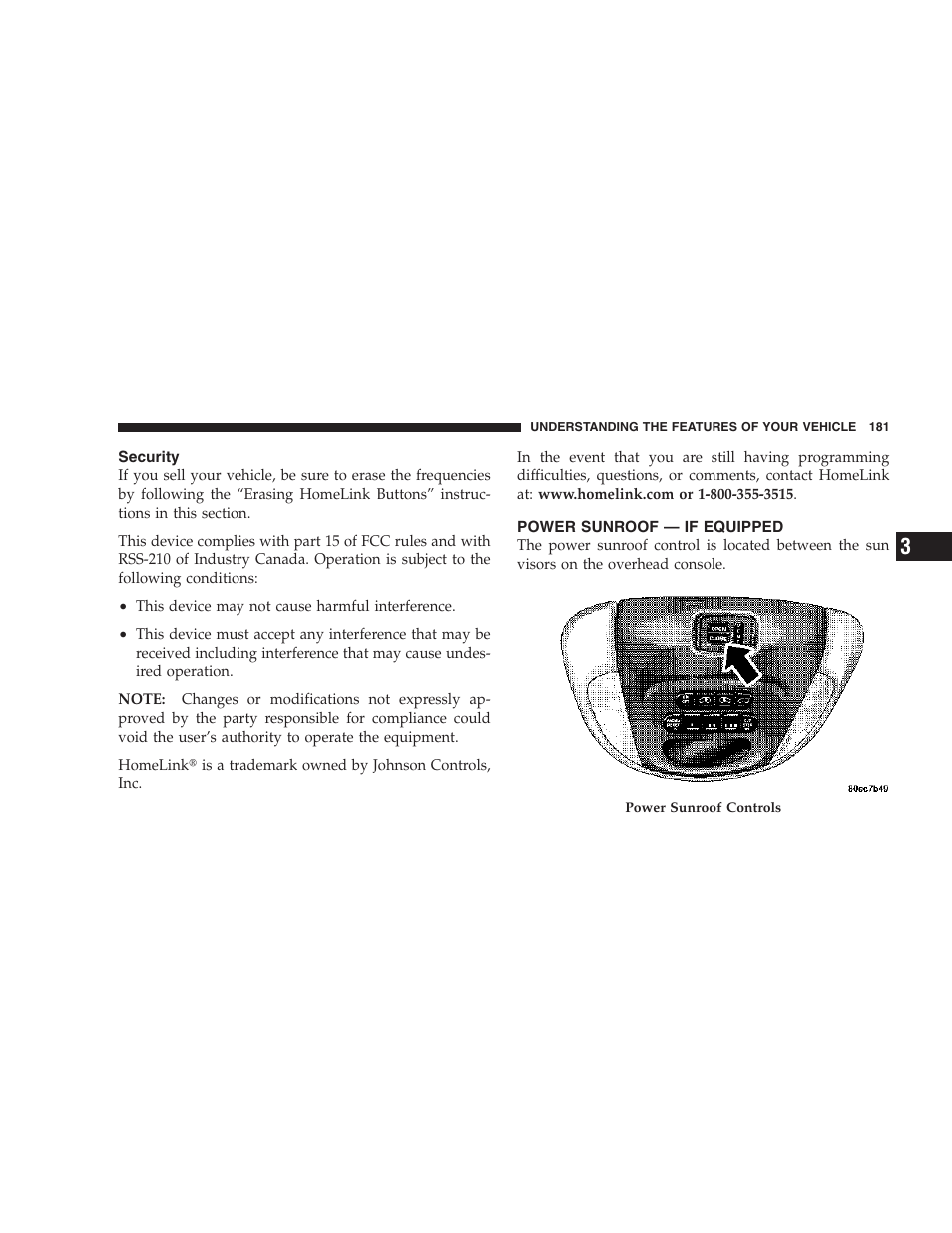 Security, Power sunroof — if equipped | Chrysler 2007 Town and Country User Manual | Page 181 / 504