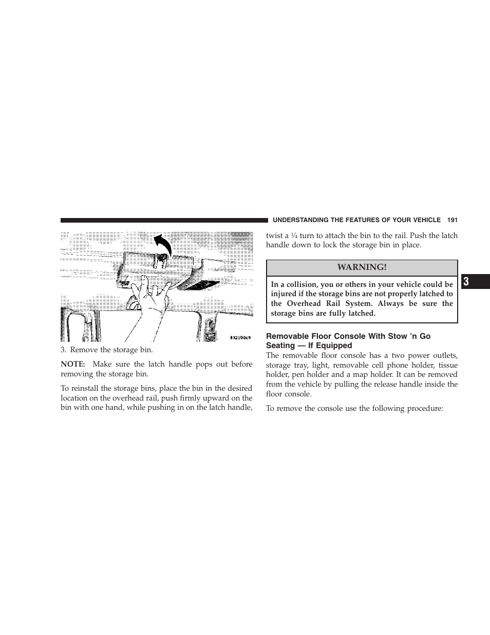 Removable floor console with stow ’n go, Seating — if equipped | Chrysler 2007 Town and Country User Manual | Page 191 / 504