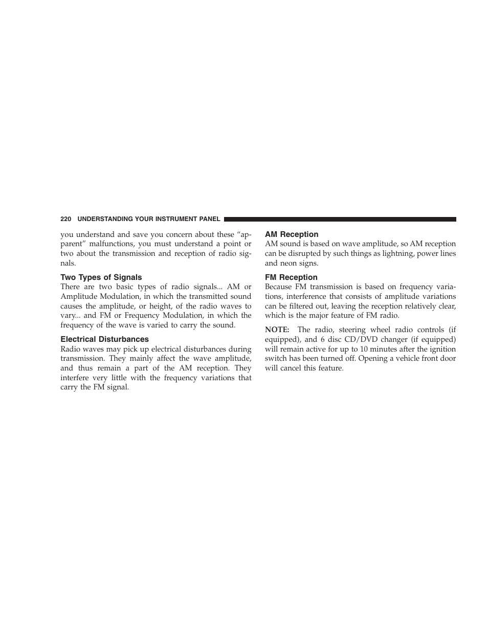 Two types of signals, Electrical disturbances, Am reception | Fm reception | Chrysler 2007 Town and Country User Manual | Page 220 / 504