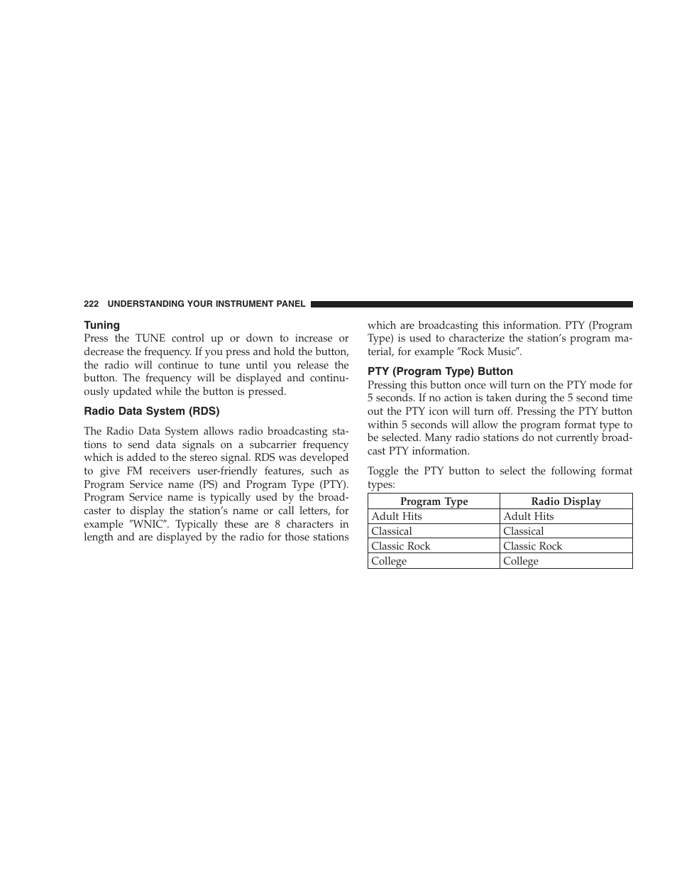 Tuning, Radio data system (rds), Pty (program type) button | Chrysler 2007 Town and Country User Manual | Page 222 / 504