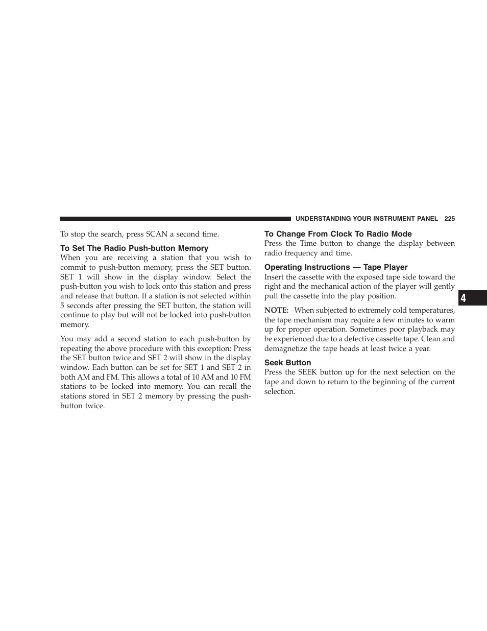 To set the radio push-button memory, To change from clock to radio mode, Operating instructions — tape player | Seek button | Chrysler 2007 Town and Country User Manual | Page 225 / 504