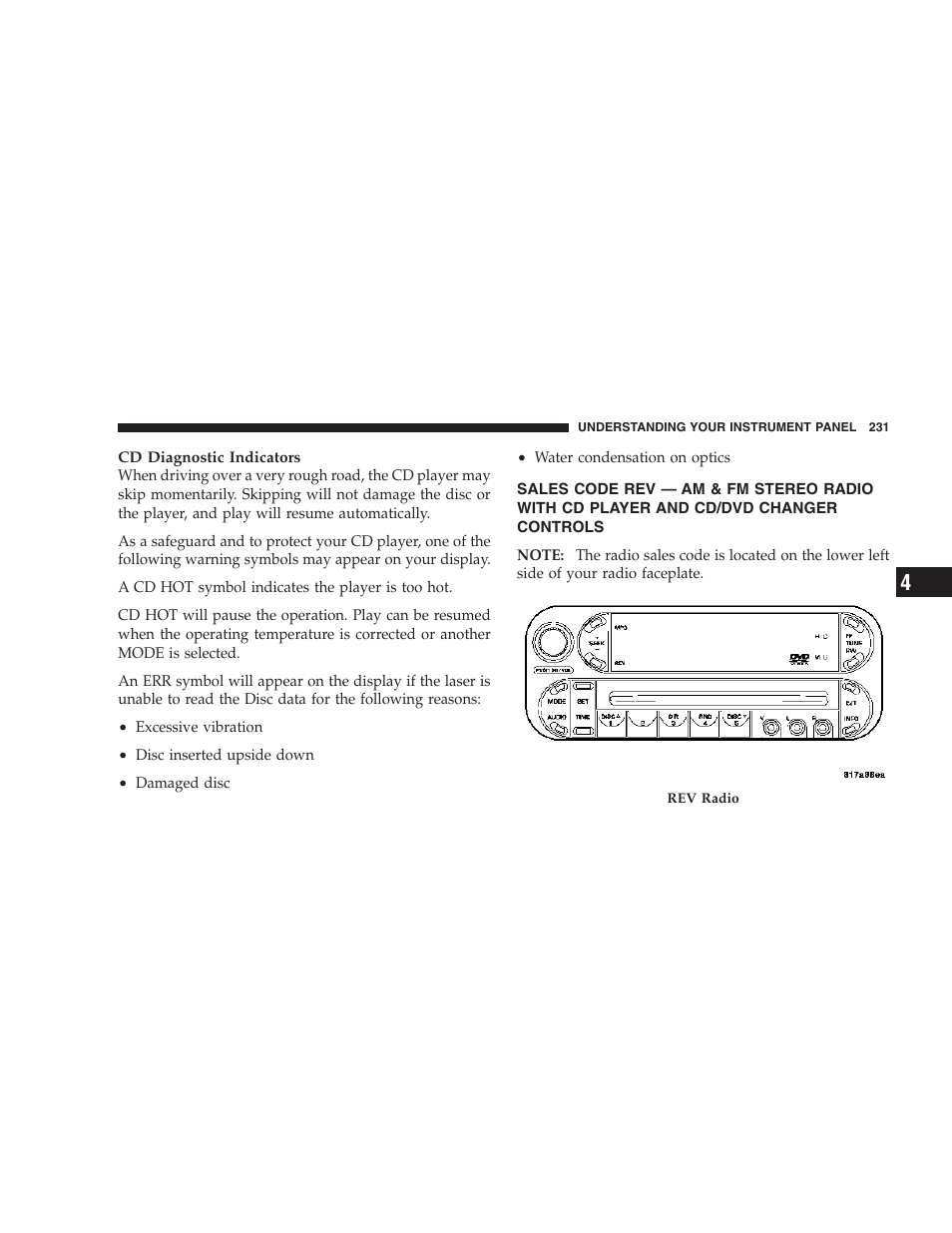 Sales code rev — am & fm stereo radio with, Cd player and cd/dvd changer controls | Chrysler 2007 Town and Country User Manual | Page 231 / 504