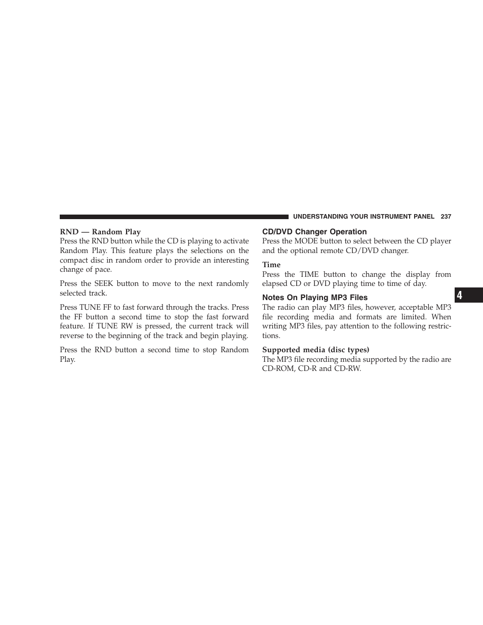 Cd/dvd changer operation, Notes on playing mp3 files | Chrysler 2007 Town and Country User Manual | Page 237 / 504