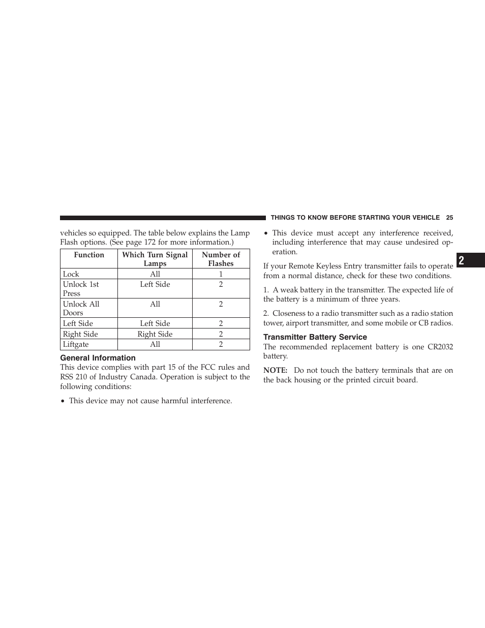 General information, Transmitter battery service | Chrysler 2007 Town and Country User Manual | Page 25 / 504