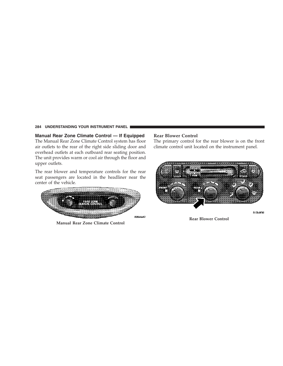 Manual rear zone climate control — if, Equipped | Chrysler 2007 Town and Country User Manual | Page 284 / 504