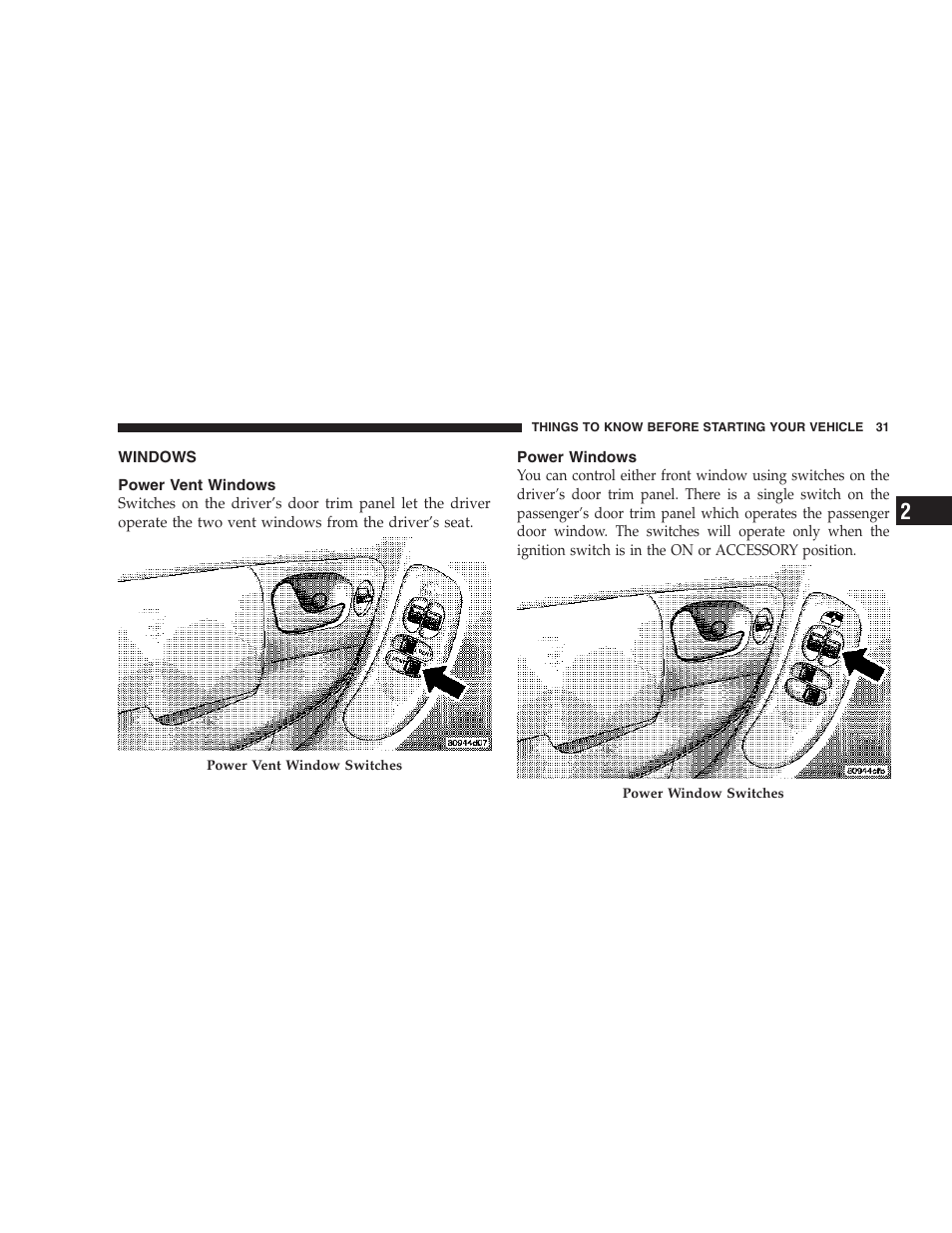 Windows, Power vent windows, Power windows | Chrysler 2007 Town and Country User Manual | Page 31 / 504