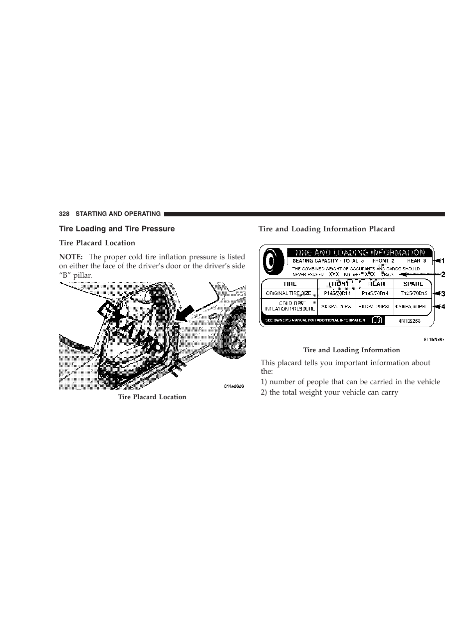 Tire loading and tire pressure | Chrysler 2007 Town and Country User Manual | Page 328 / 504