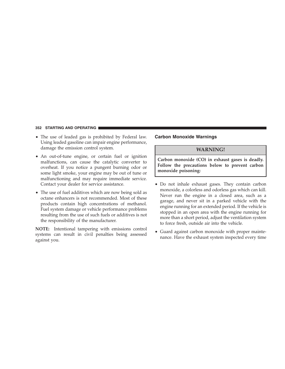 Carbon monoxide warnings | Chrysler 2007 Town and Country User Manual | Page 352 / 504