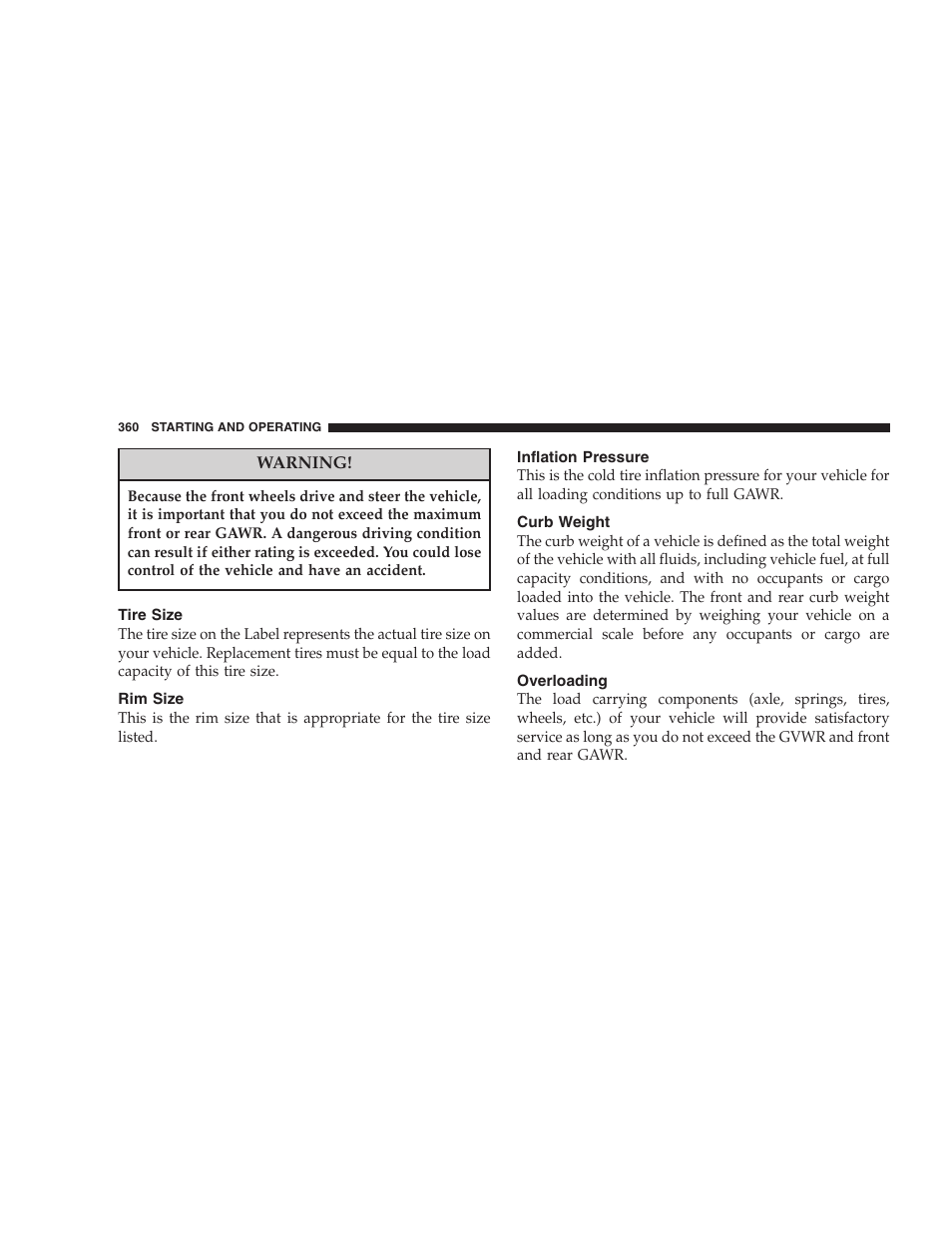 Tire size, Rim size, Inflation pressure | Curb weight, Overloading | Chrysler 2007 Town and Country User Manual | Page 360 / 504