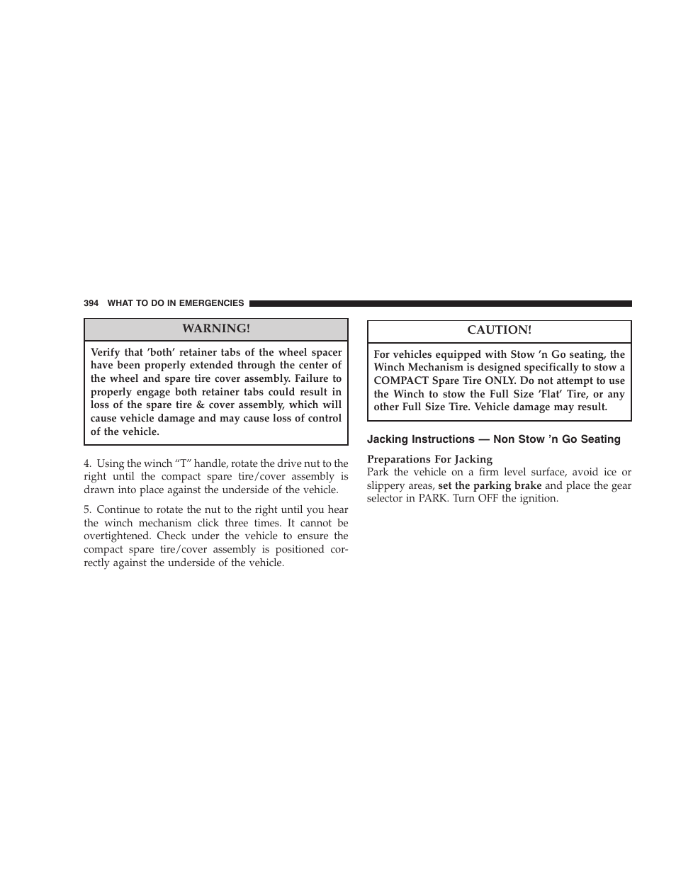 Jacking instructions — non stow ’n go, Seating | Chrysler 2007 Town and Country User Manual | Page 394 / 504