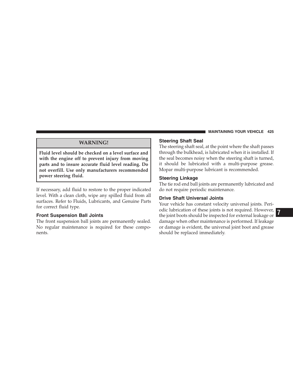 Front suspension ball joints, Steering shaft seal, Steering linkage | Drive shaft universal joints | Chrysler 2007 Town and Country User Manual | Page 425 / 504