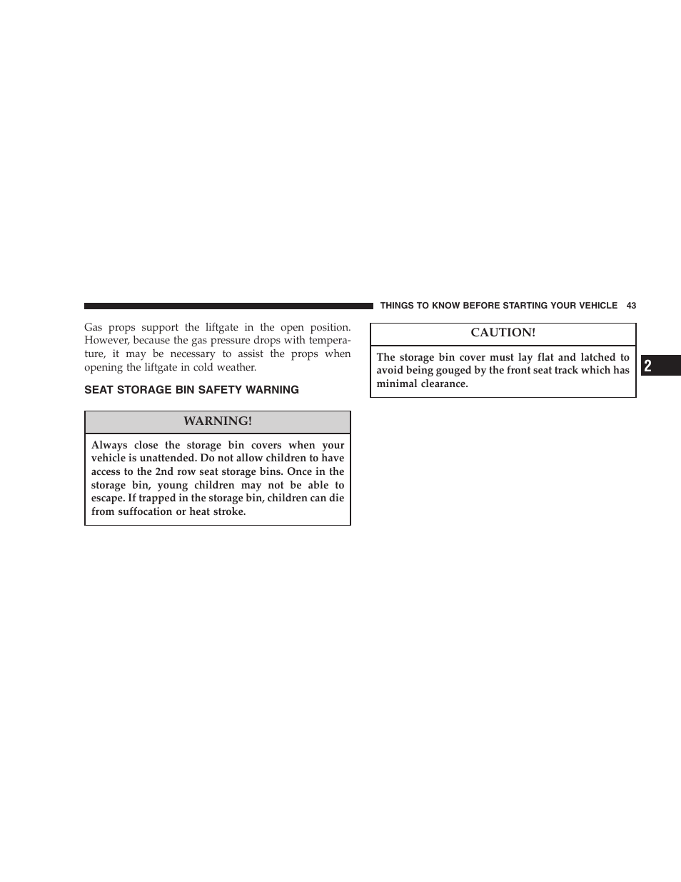 Seat storage bin safety warning | Chrysler 2007 Town and Country User Manual | Page 43 / 504