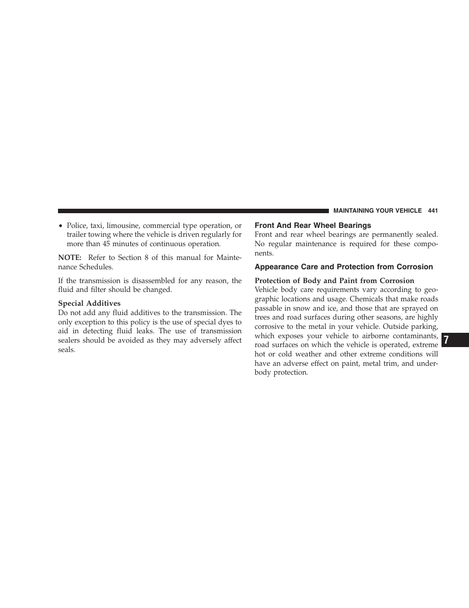 Front and rear wheel bearings, Appearance care and protection from, Corrosion | Chrysler 2007 Town and Country User Manual | Page 441 / 504