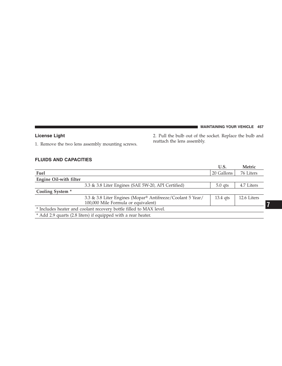 License light, Fluids and capacities | Chrysler 2007 Town and Country User Manual | Page 457 / 504