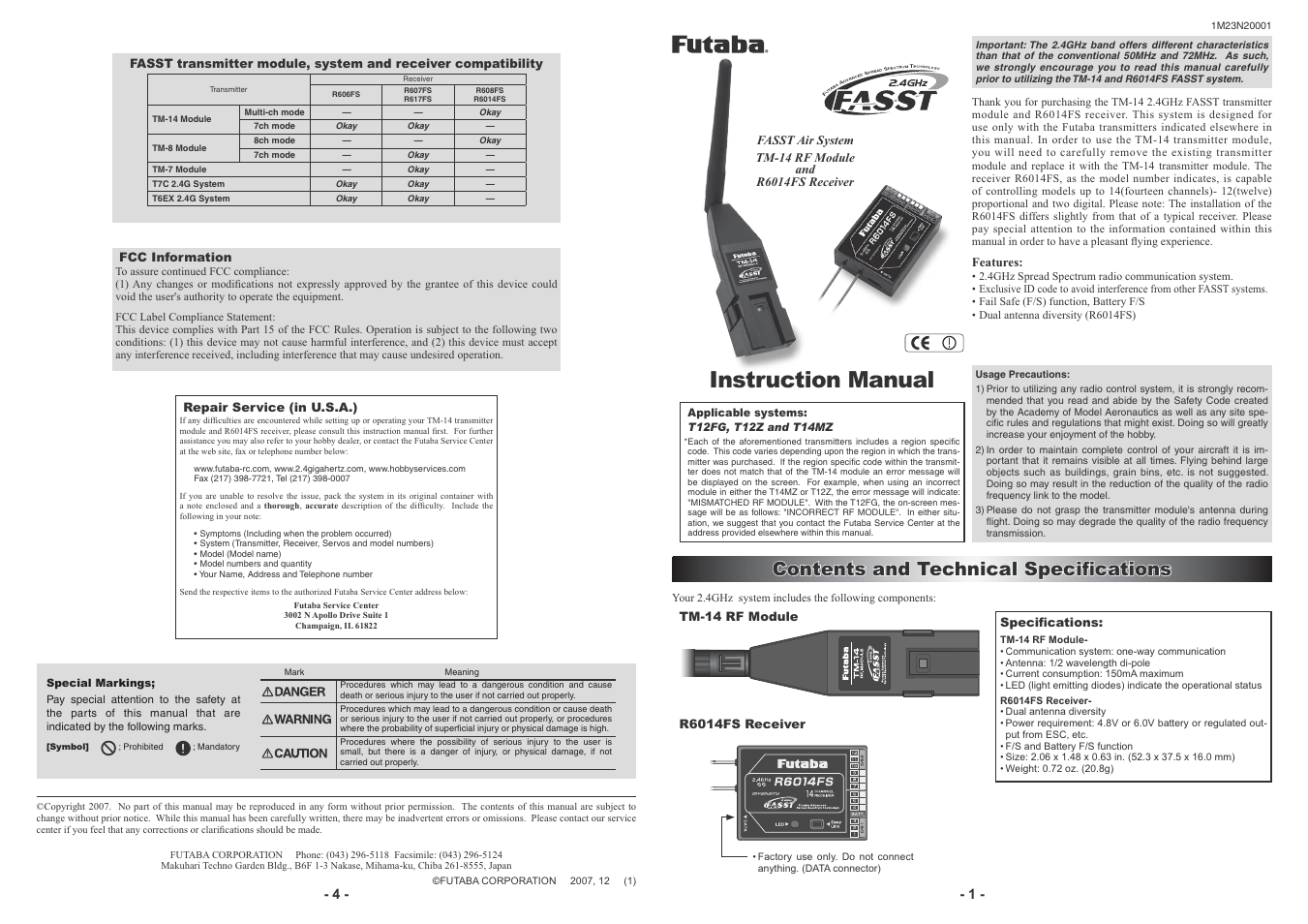 Instruction manual, Rqwhqwvdqg7hfkqlfdo6shflàfdwlrqv | Futaba TM-14 User Manual | Page 3 / 4