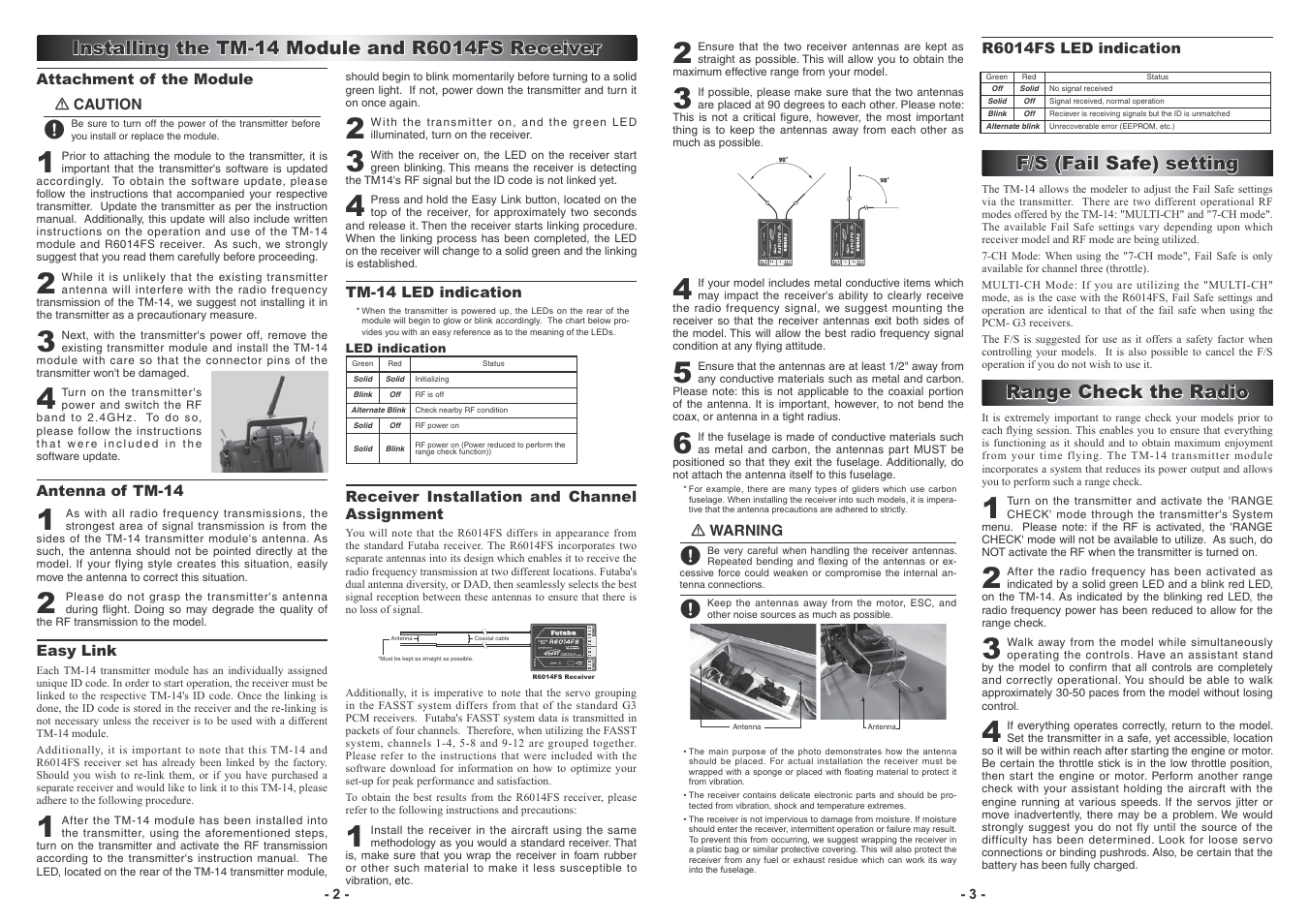 F/s (fail safe) setting, Range check the radio | Futaba TM-14 User Manual | Page 4 / 4