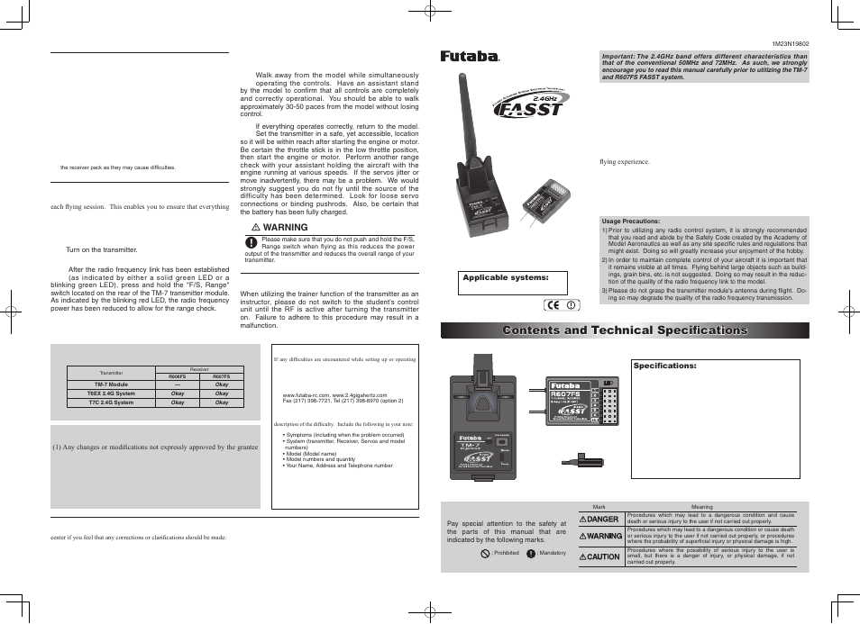 Instruction manual, Contents and technical specifications | Futaba TM-7 User Manual | Page 3 / 4