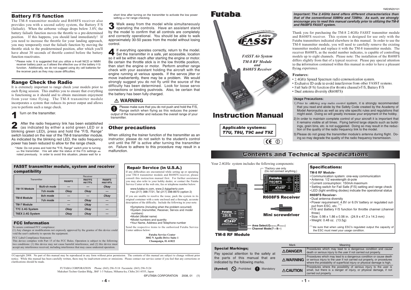 Instruction manual, Rqwhqwv dqg 7h 7hfkqlfdo 6shflàfdwwlrqv, Battery f/s function | Range check the radio, Ｎ warning, Other precautions | Futaba TM-8 User Manual | Page 3 / 4