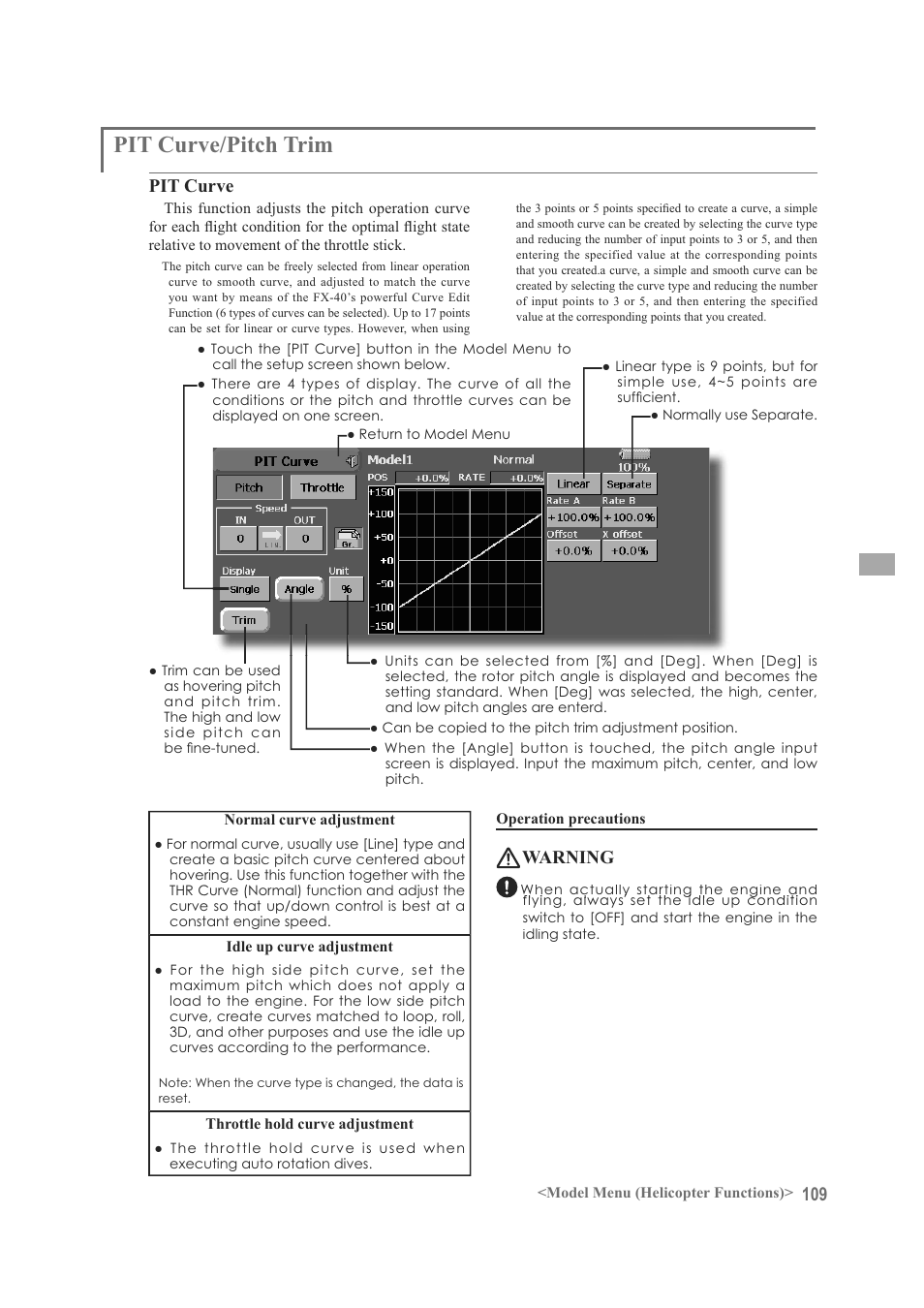Pit curve/pitch trim, Pit curve, Warning | Futaba FX-40 User Manual | Page 109 / 129