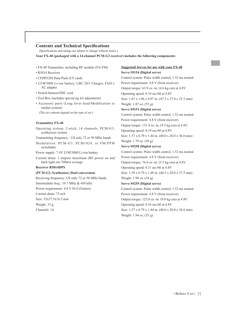 Rqwhqwvdqg7hfkqlfdo6shfl¿fdwlrqv | Futaba FX-40 User Manual | Page 11 / 129