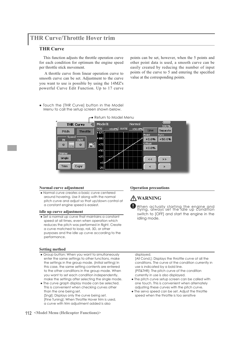 Thr curve/throttle hover trim, Thr curve, Warning | Futaba FX-40 User Manual | Page 112 / 129