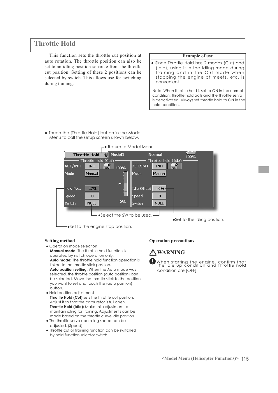 Throttle hold, Warning | Futaba FX-40 User Manual | Page 115 / 129