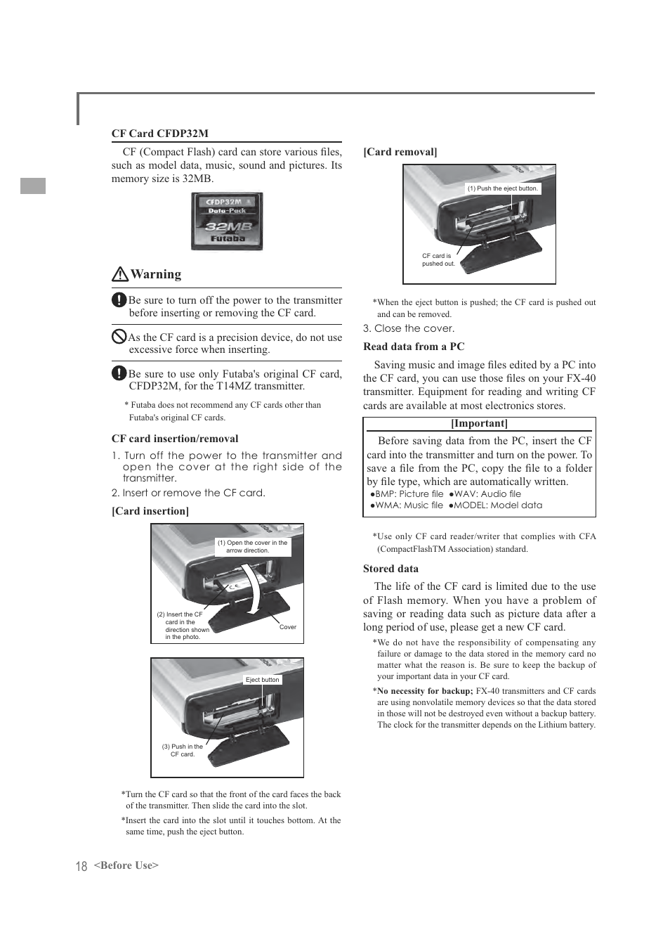 Warning | Futaba FX-40 User Manual | Page 18 / 129
