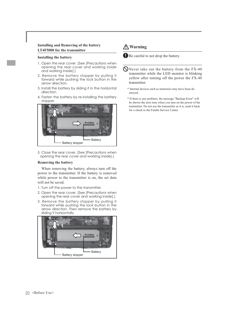 Warning | Futaba FX-40 User Manual | Page 20 / 129