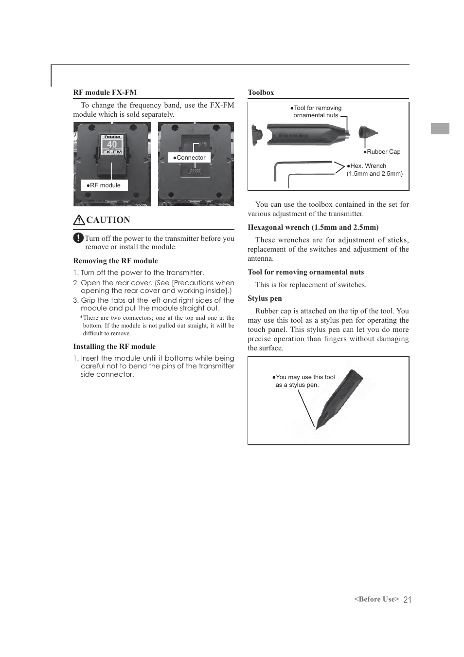 Caution | Futaba FX-40 User Manual | Page 21 / 129