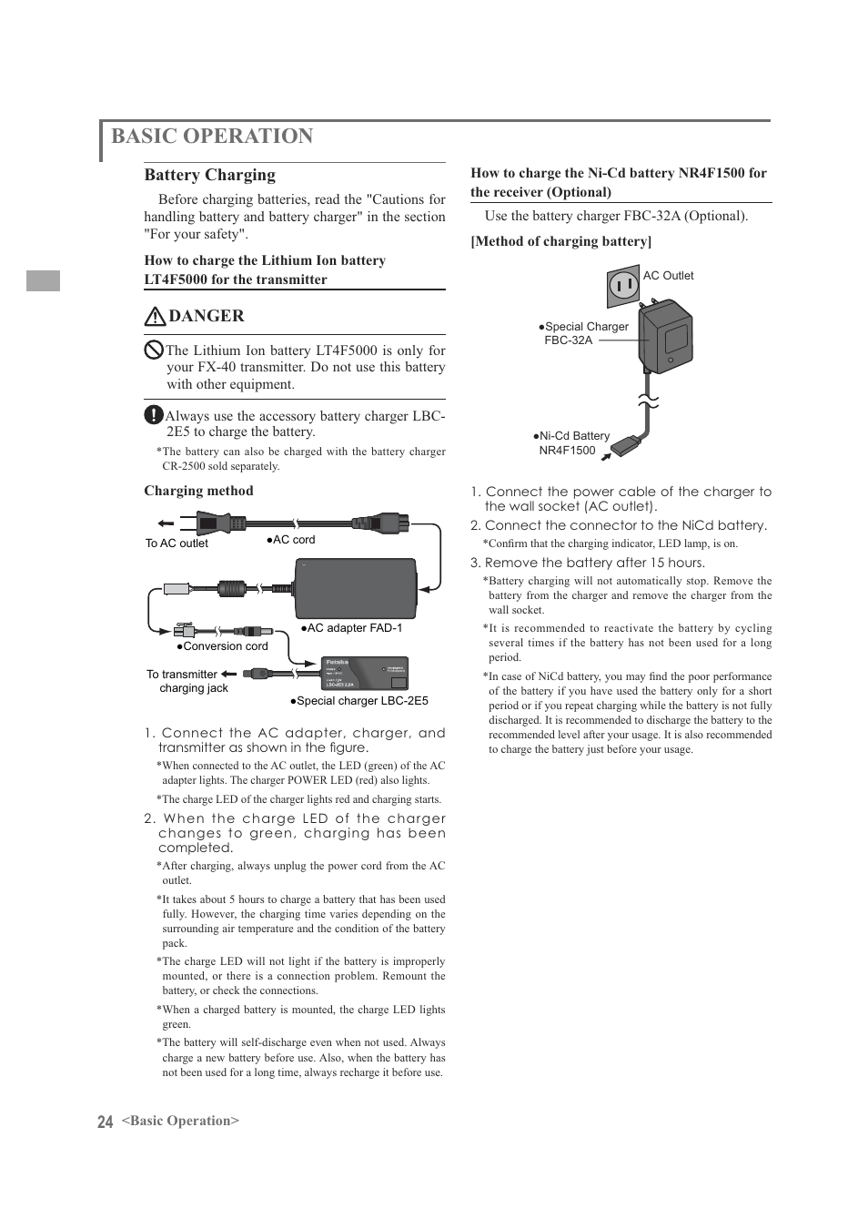 Basic operation, Battery charging, Danger | Futaba FX-40 User Manual | Page 24 / 129