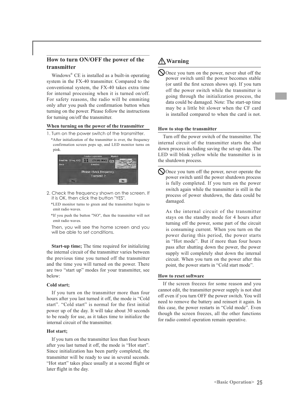 How to turn on/off the power of the transmitter, Warning | Futaba FX-40 User Manual | Page 25 / 129